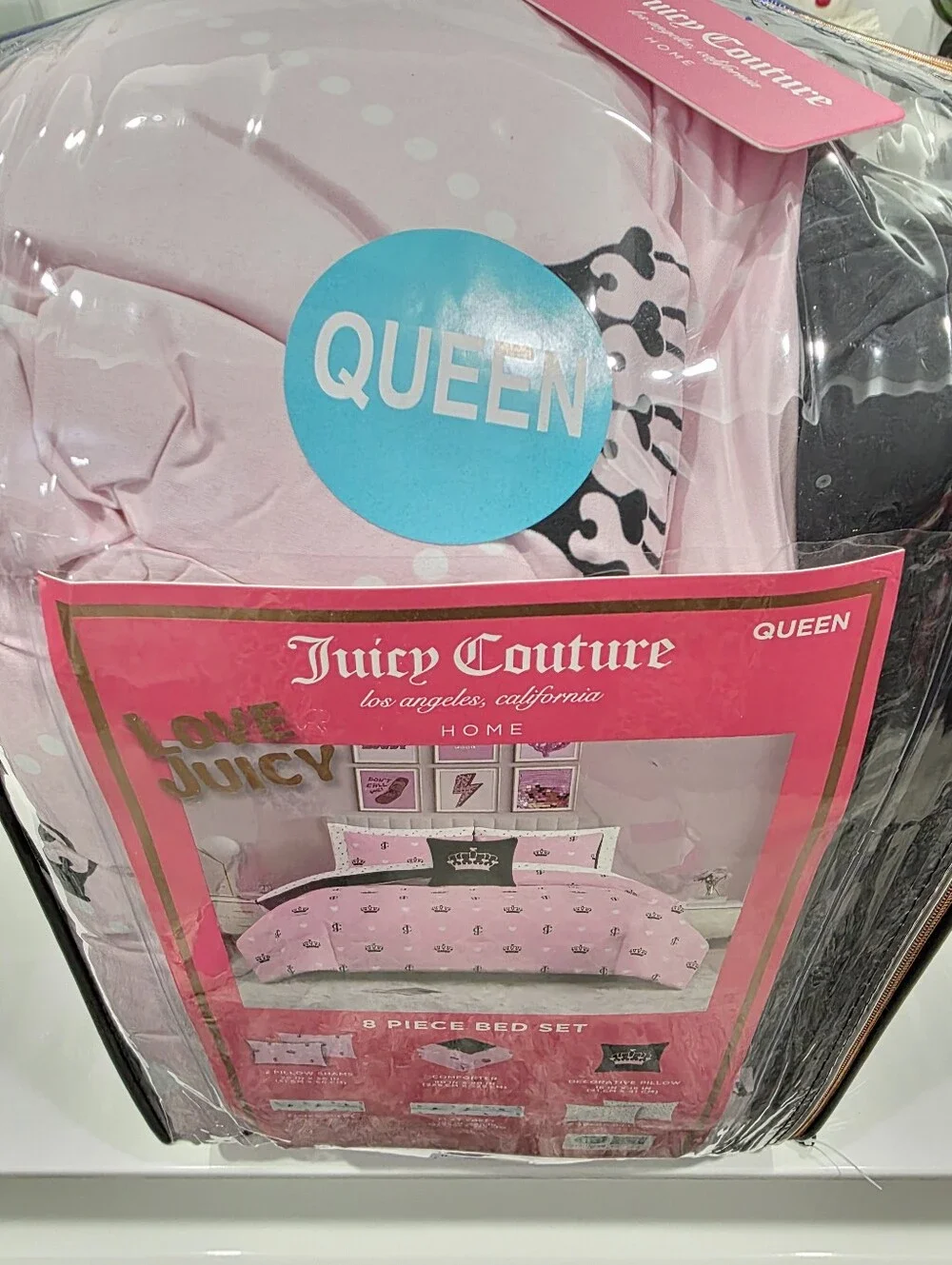 Juicy Couture QUEEN Hearts Crown JC Print 8 Piece Pink Comforter Set
